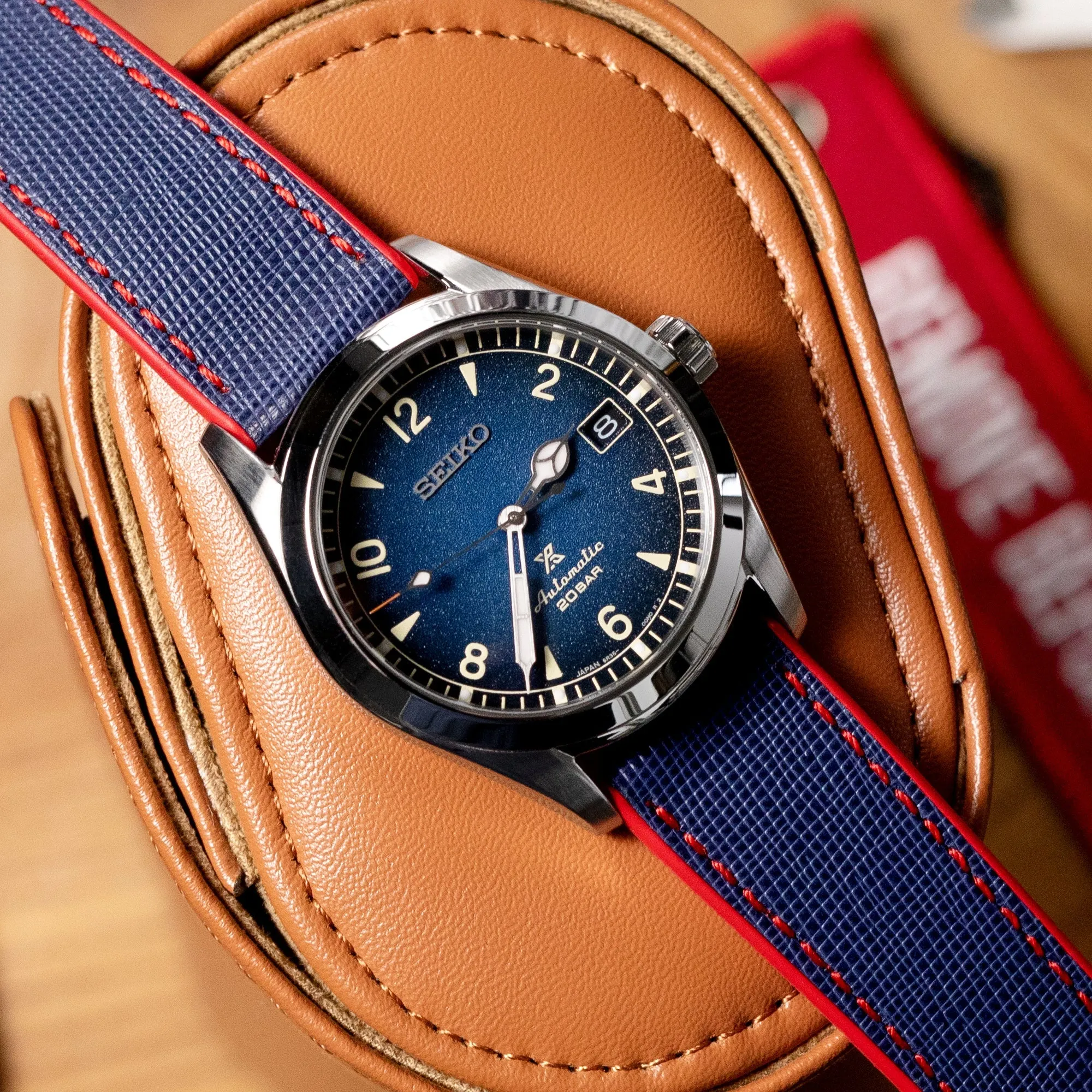 20mm Blue / Red Quick Release Leather-FKM Rubber Sports Watch Strap