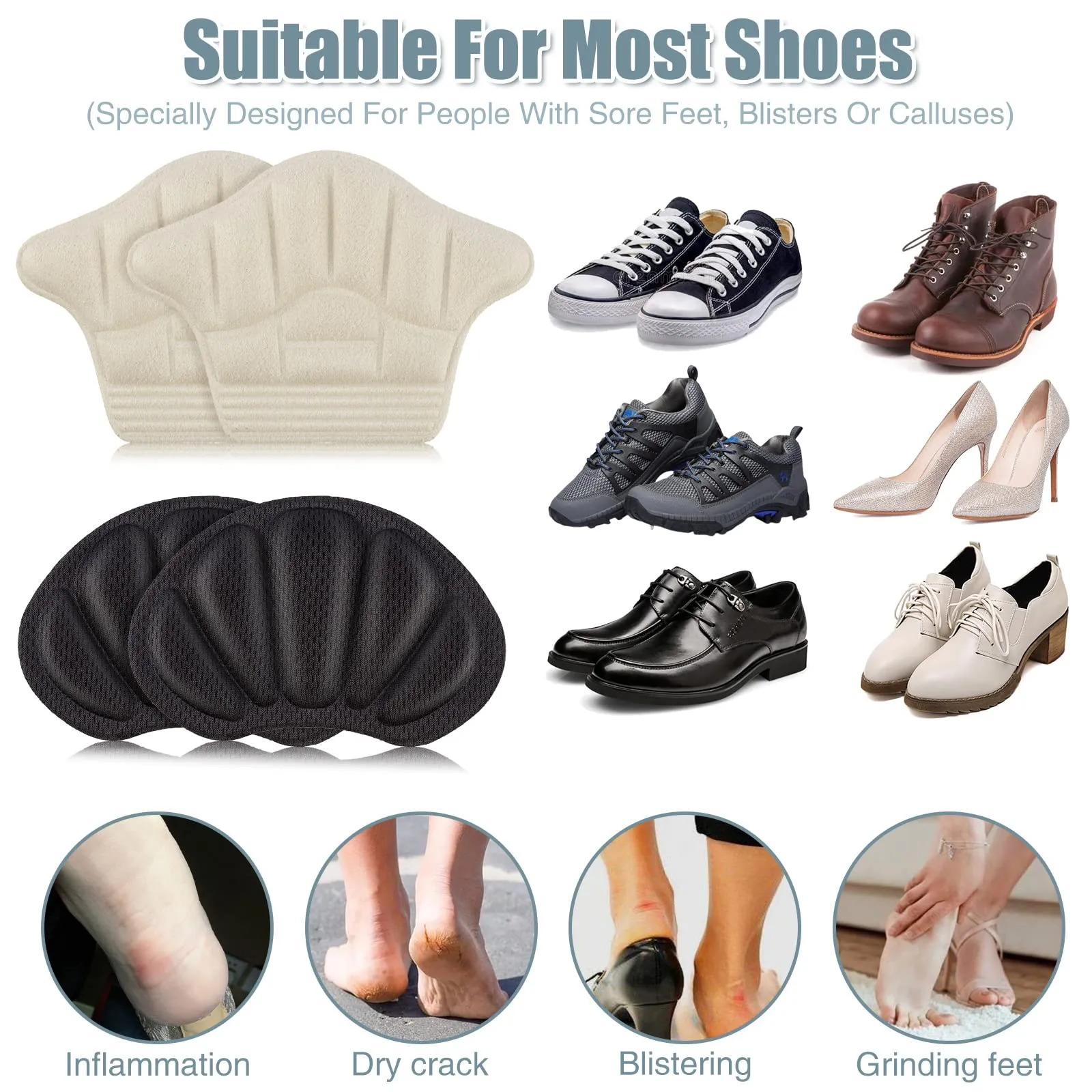 6 Pairs Heel Cushion Pads, Self-Adhesive Heel Grips Soft Anti-Slip Heel Cushion Inserts Heel Blisters Protectors for Men and Women 6pairs