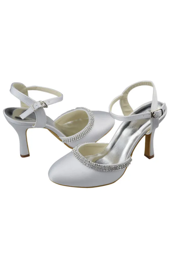 Ankle Strap Beaded High Heel White Comfy Satin Party Shoes S124