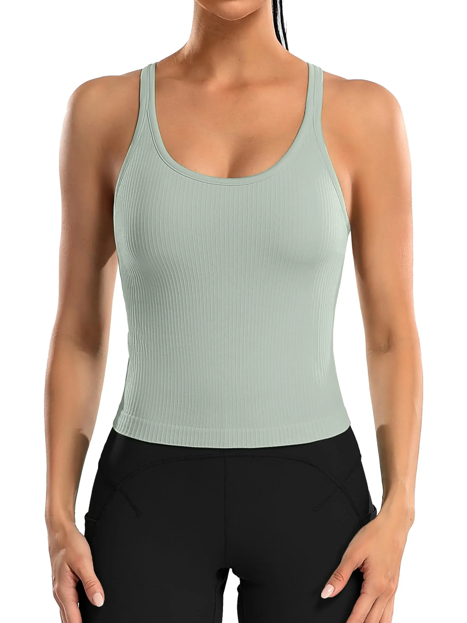 Attraco Women's Longline Sports Bra Ribbed Fit Light Green Large