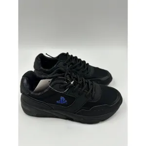 Big Kid Size 1 Black Laced Sneakers with Black Suede Trim and Playstation Logo