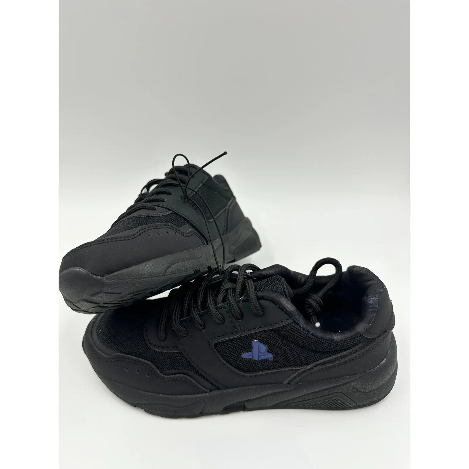 Big Kid Size 1 Black Laced Sneakers with Black Suede Trim and Playstation Logo