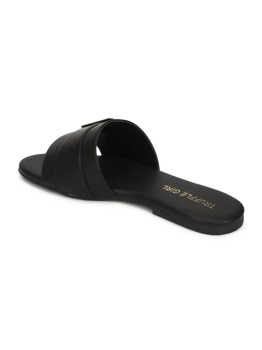 Black PU Slide Buckle Slip Ons