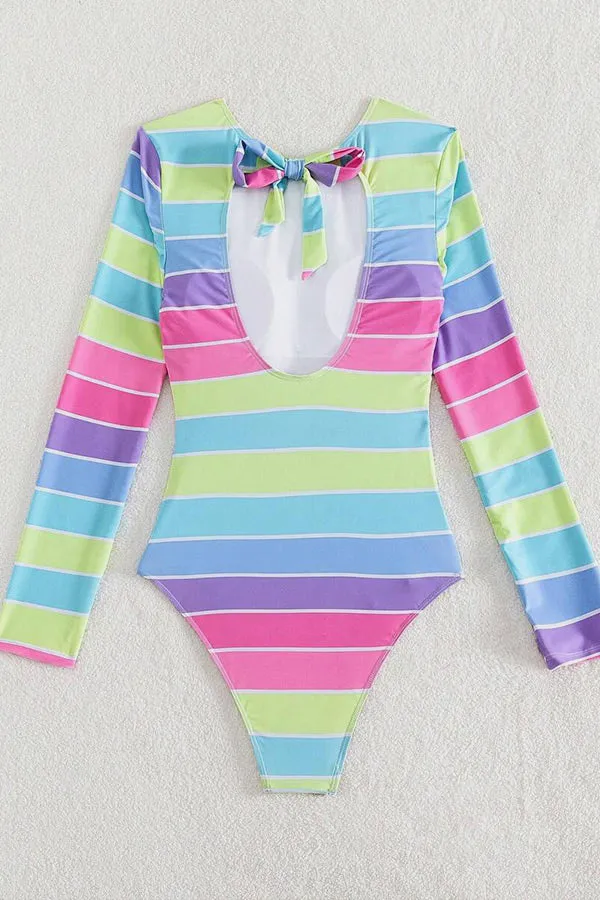 Colorful Stripe Round Neck Backless Long Sleeve Swimsuit UPF50  Rash Guard