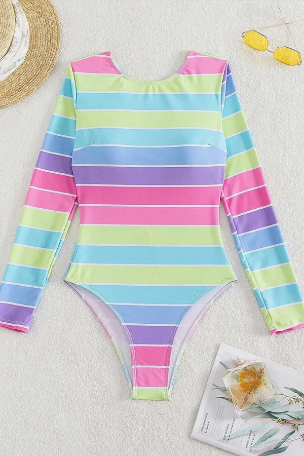 Colorful Stripe Round Neck Backless Long Sleeve Swimsuit UPF50  Rash Guard