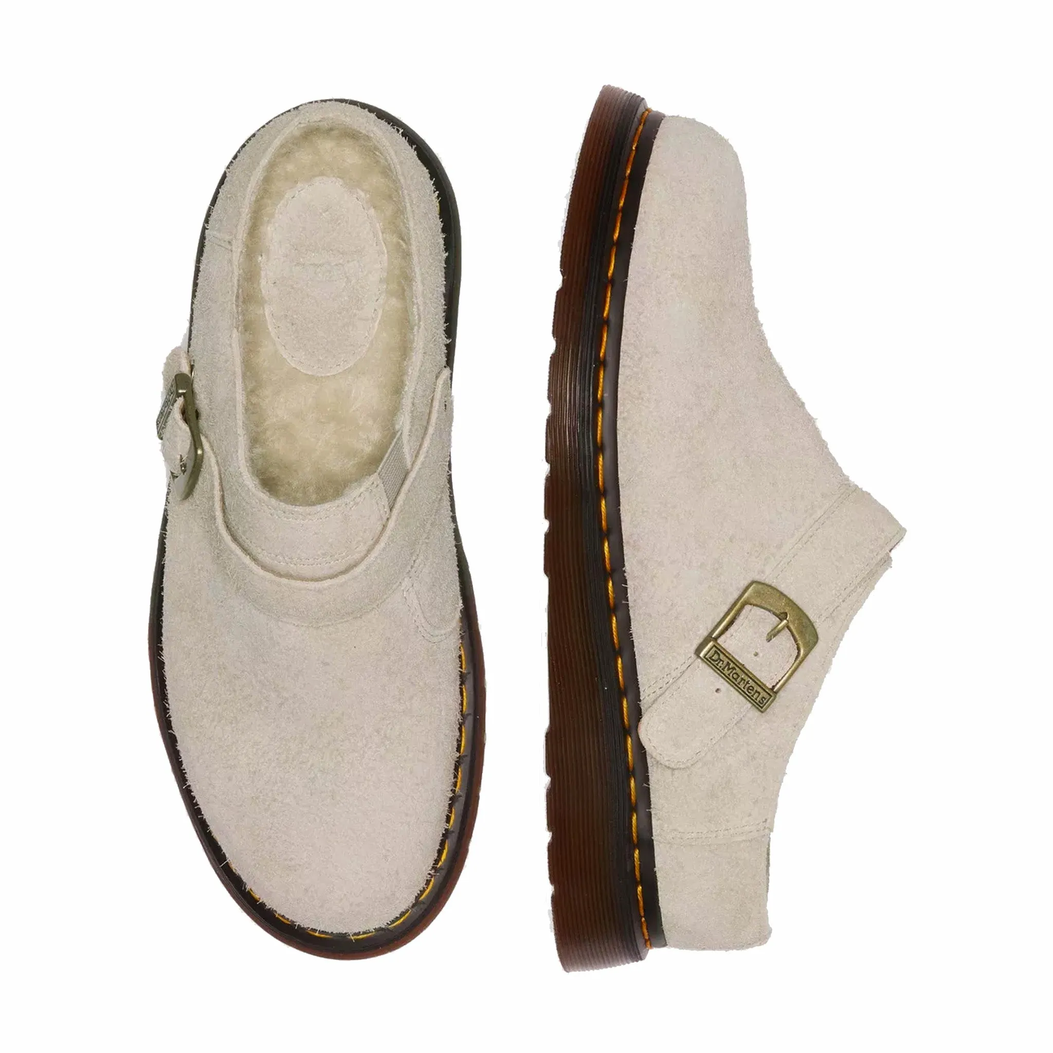 Dr. Martens Isham Sherling Lined Long Napped Suede Clogs (Vintage Taupe)