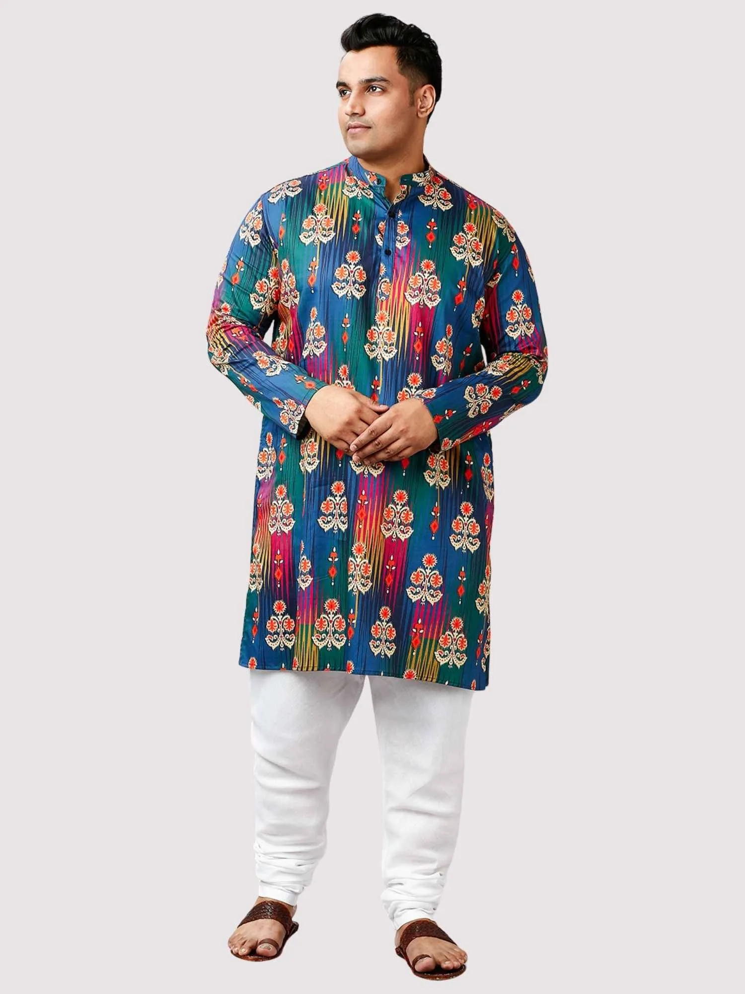 Festive Printed Blue Red Kurta Men's Plus Size