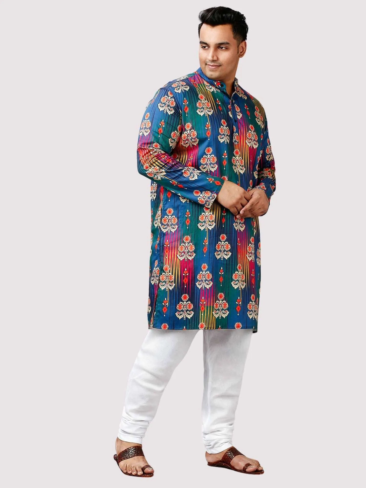 Festive Printed Blue Red Kurta Men's Plus Size