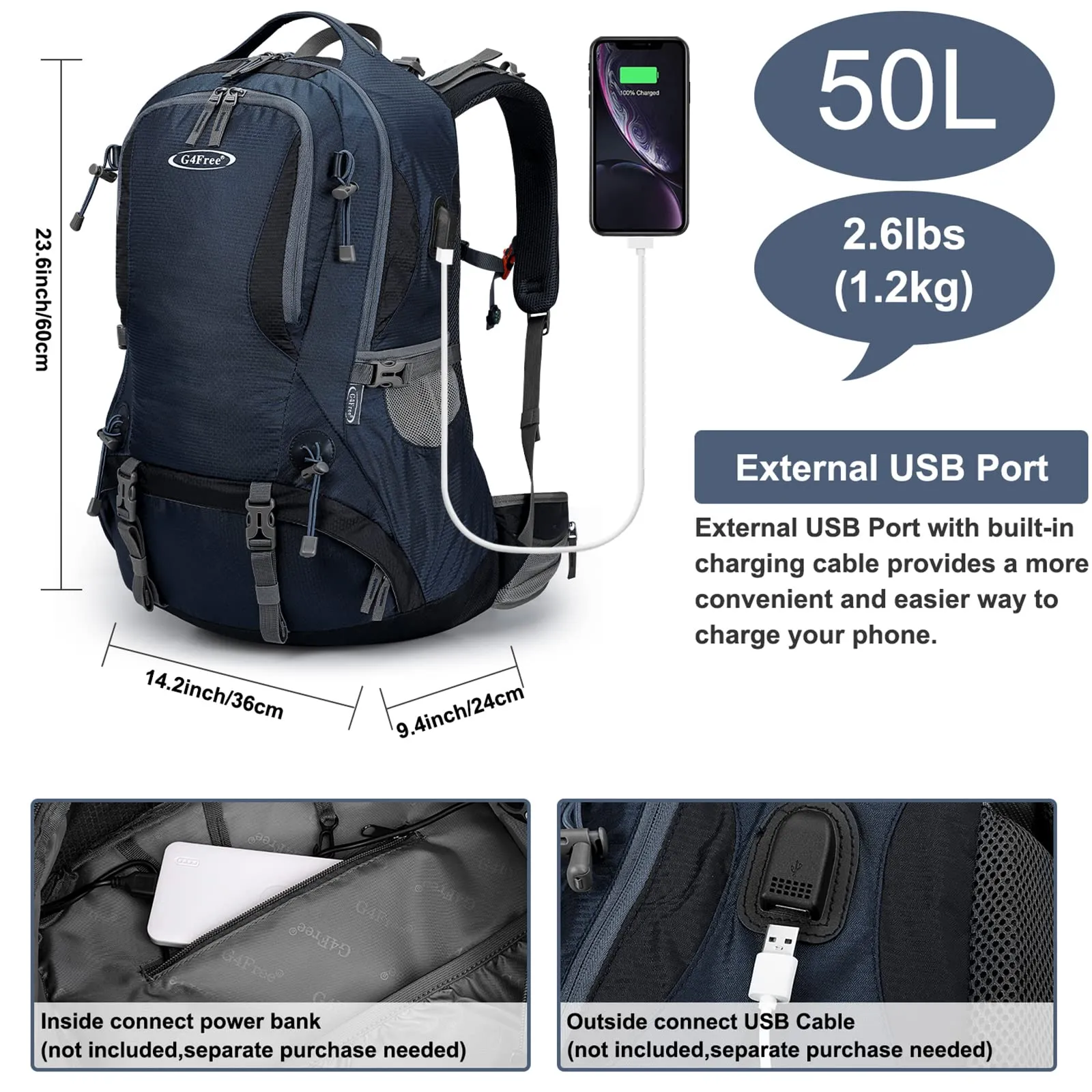 G4Free 50L Hiking Backpack with Rain Cover for Men Women