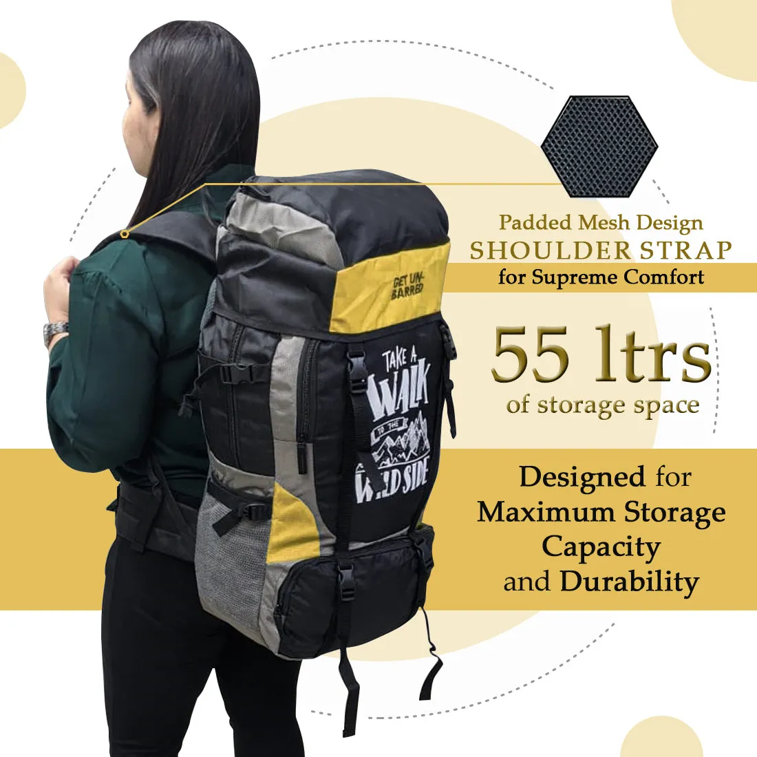 Get Un-barred 55 Ltr Travel Backpack (Yellow)