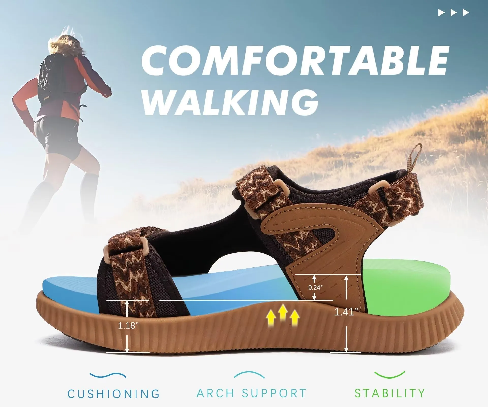 KuaiLu Damen Sandalen mit Fußbett, orthopädisch, wasserfest, verstellbar – ideal für Wandern, Sport & Plantarfasziitis, Größe 7.5