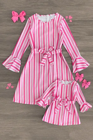 Mom & Me - Pink Bell Sleeve Striped Dress