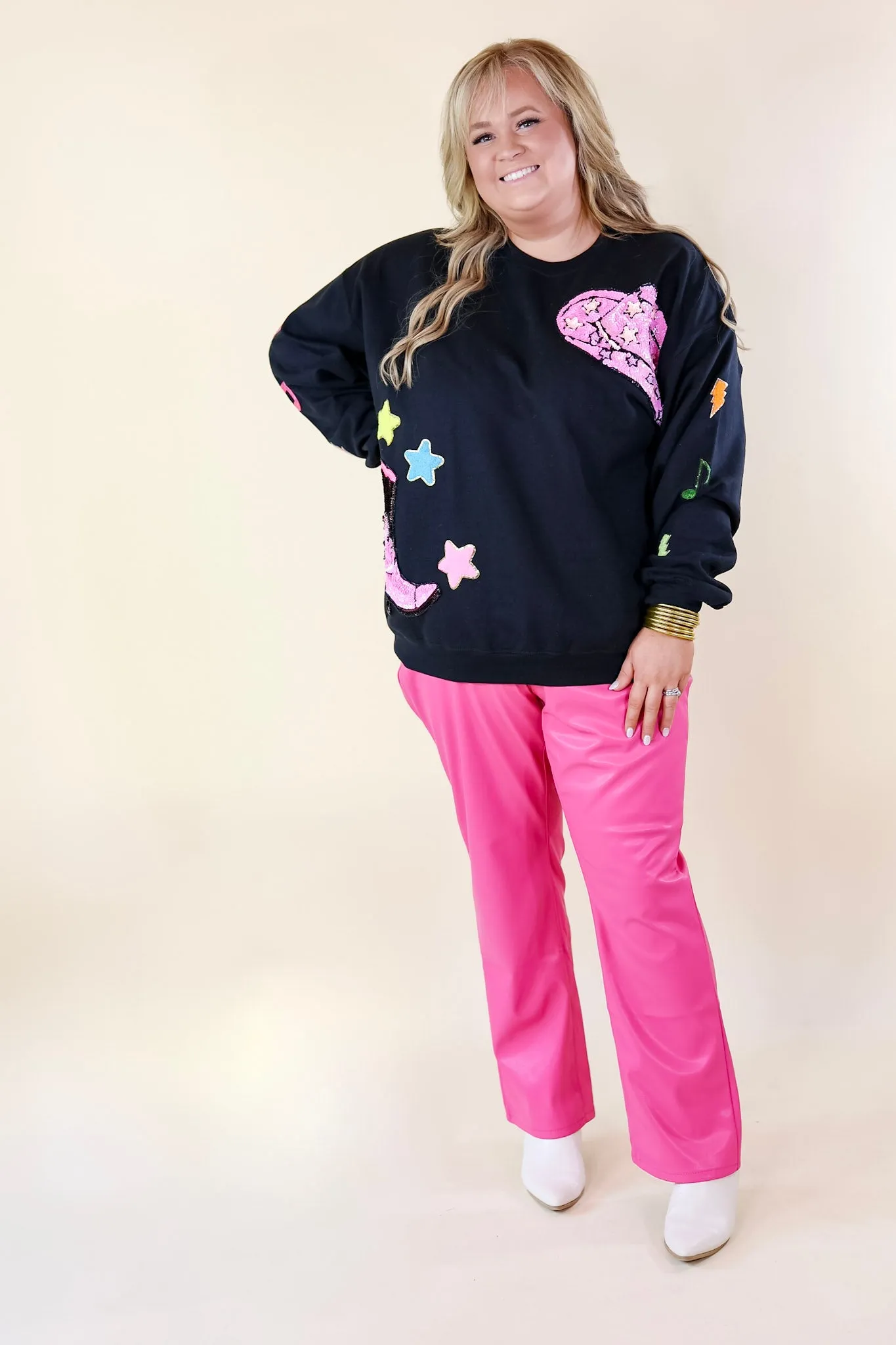 Nashville Lights Chenille and Sequin Patch Graphic Sweatshirt in Black