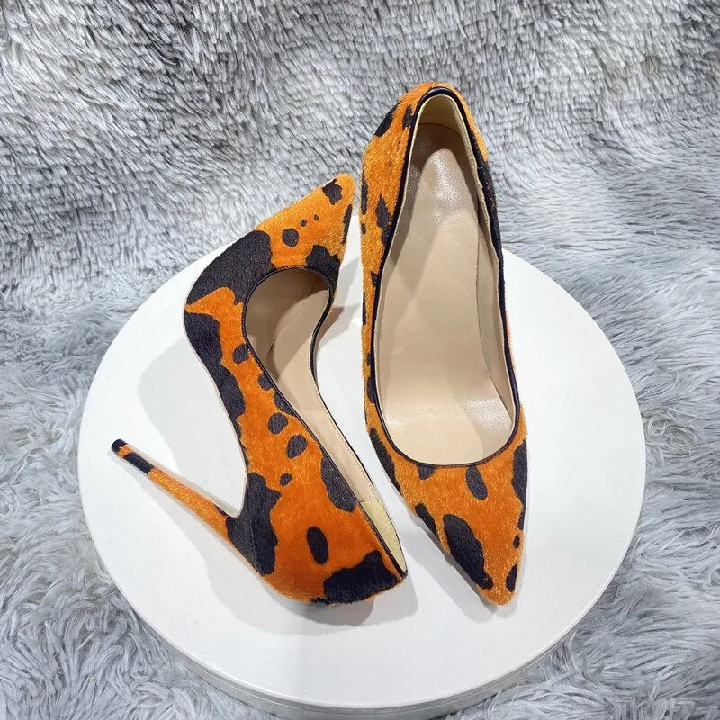 Orange Cow Print Hairy Flock Women Pointy Toe High Heel Shoes 8cm 10cm 12cm Slip On Sexy Stiletto Pumps for Party Dress