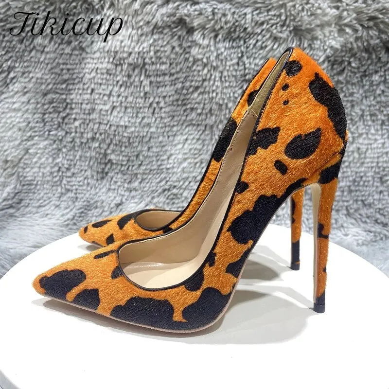 Orange Cow Print Hairy Flock Women Pointy Toe High Heel Shoes 8cm 10cm 12cm Slip On Sexy Stiletto Pumps for Party Dress