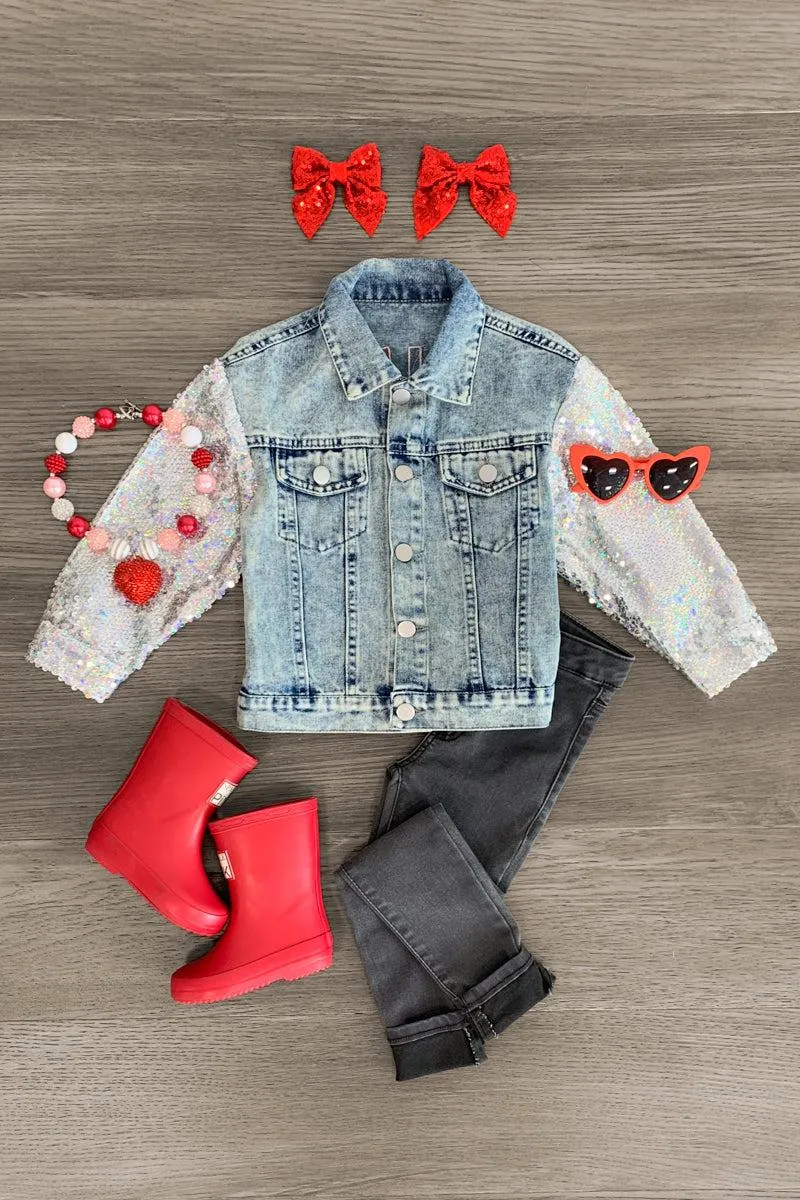 "Mini" Sequin Heart Denim Jacket