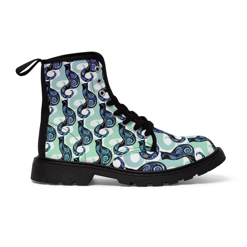 Sky Blue Swirly Cats Women's Canvas Boots