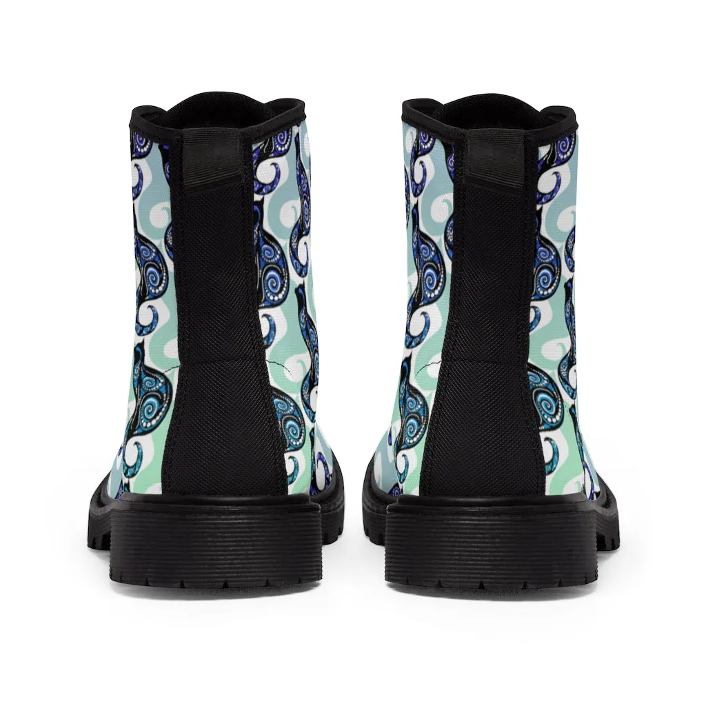 Sky Blue Swirly Cats Women's Canvas Boots