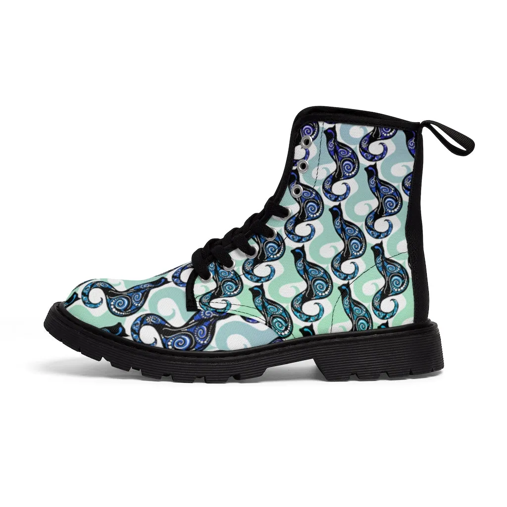 Sky Blue Swirly Cats Women's Canvas Boots