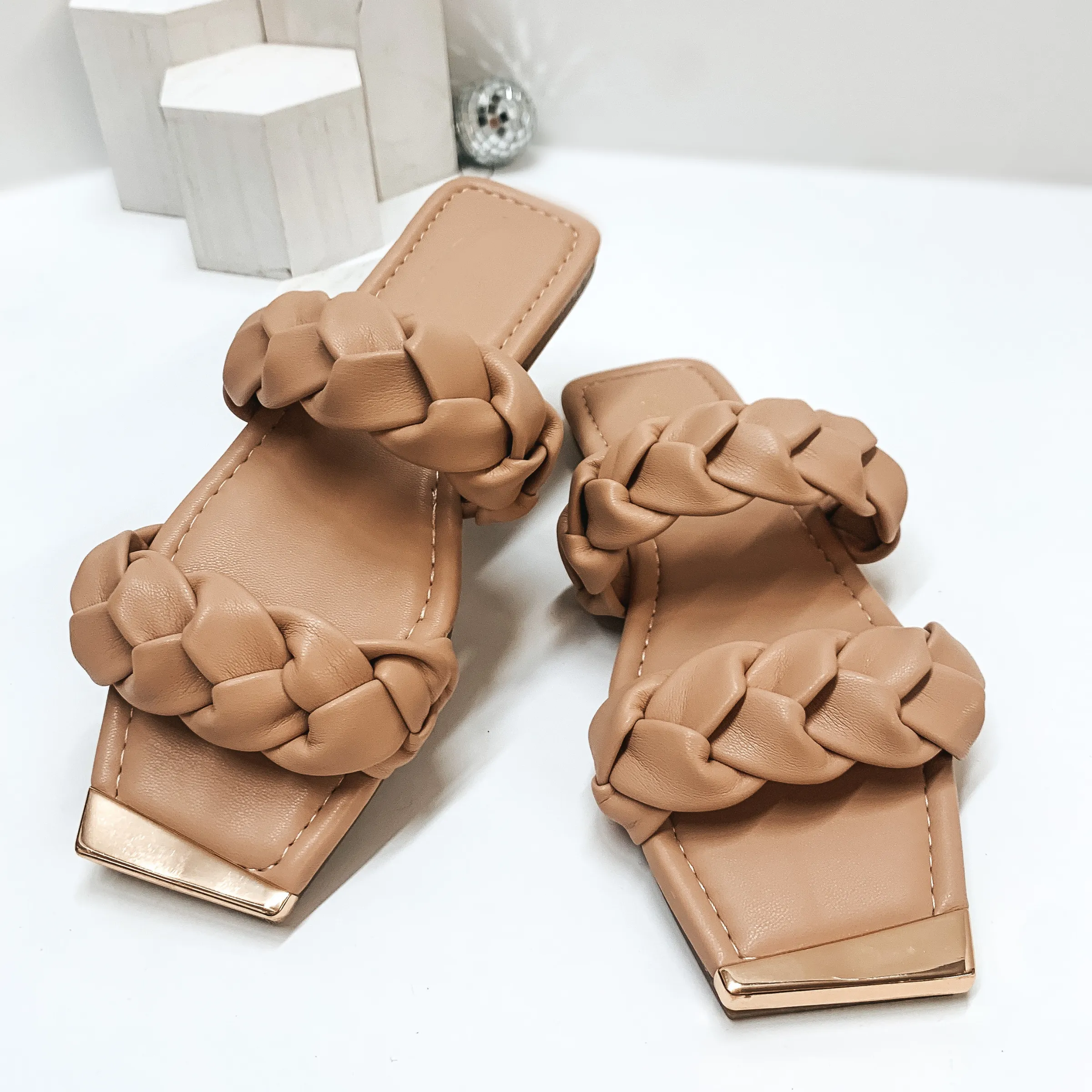 Soft Smiles Two Band Braided Slide On Sandals in Nude