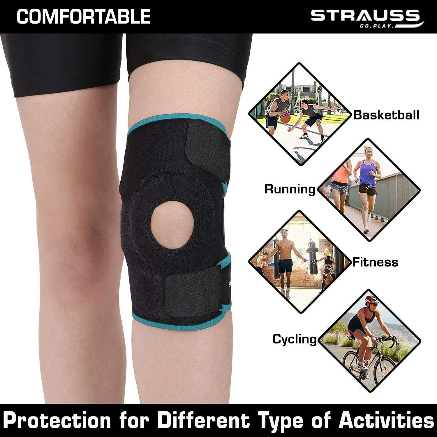 STRAUSS Adjustable Knee Support Patella|knee support for men and women|knee cap|Knee brace|Knee Guard |Knee Cap|Knee pain relief |Knee belt|Joint pain relief | Pair (Free Size, Black/Orange)