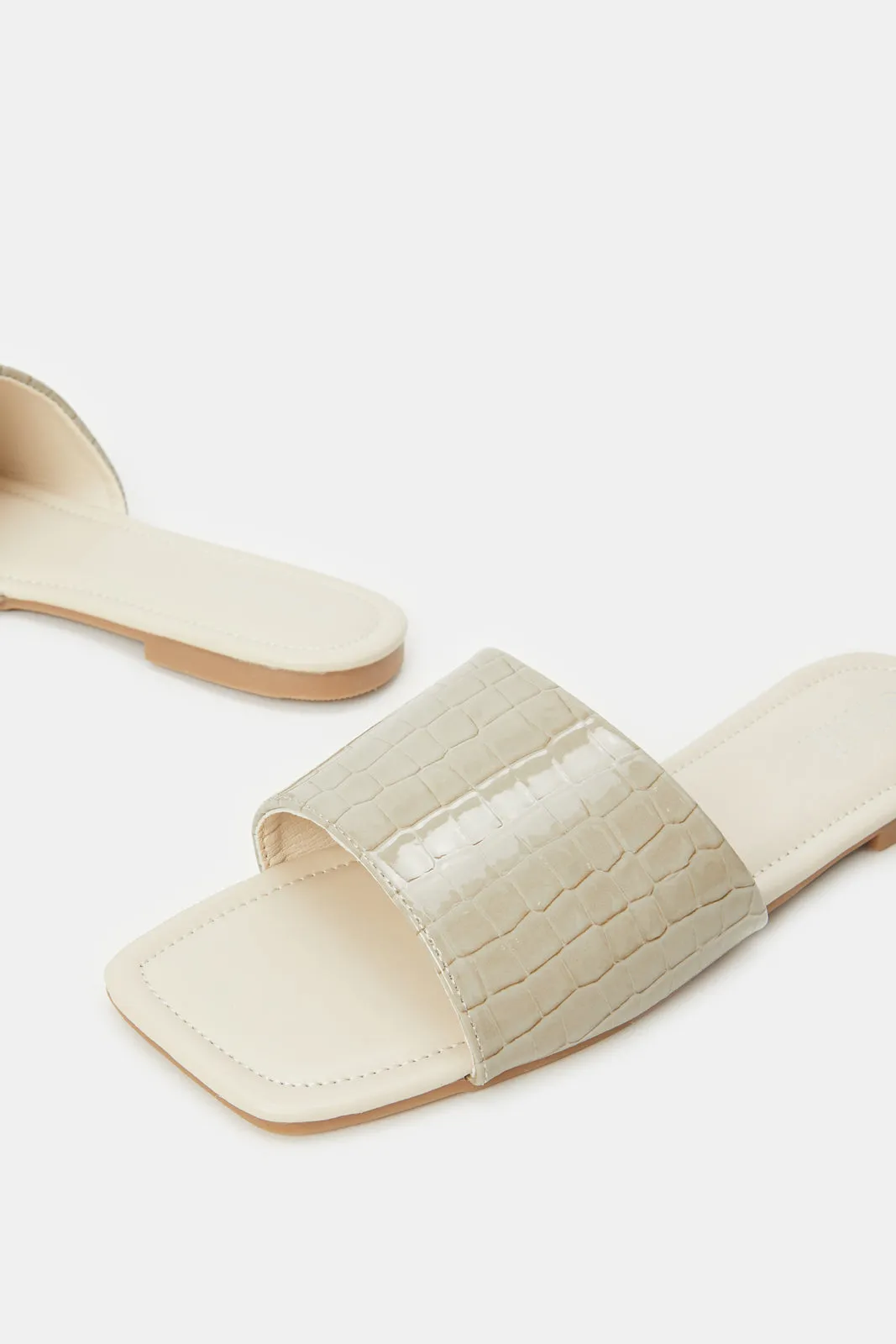 Women Beige Croc Patent Mule