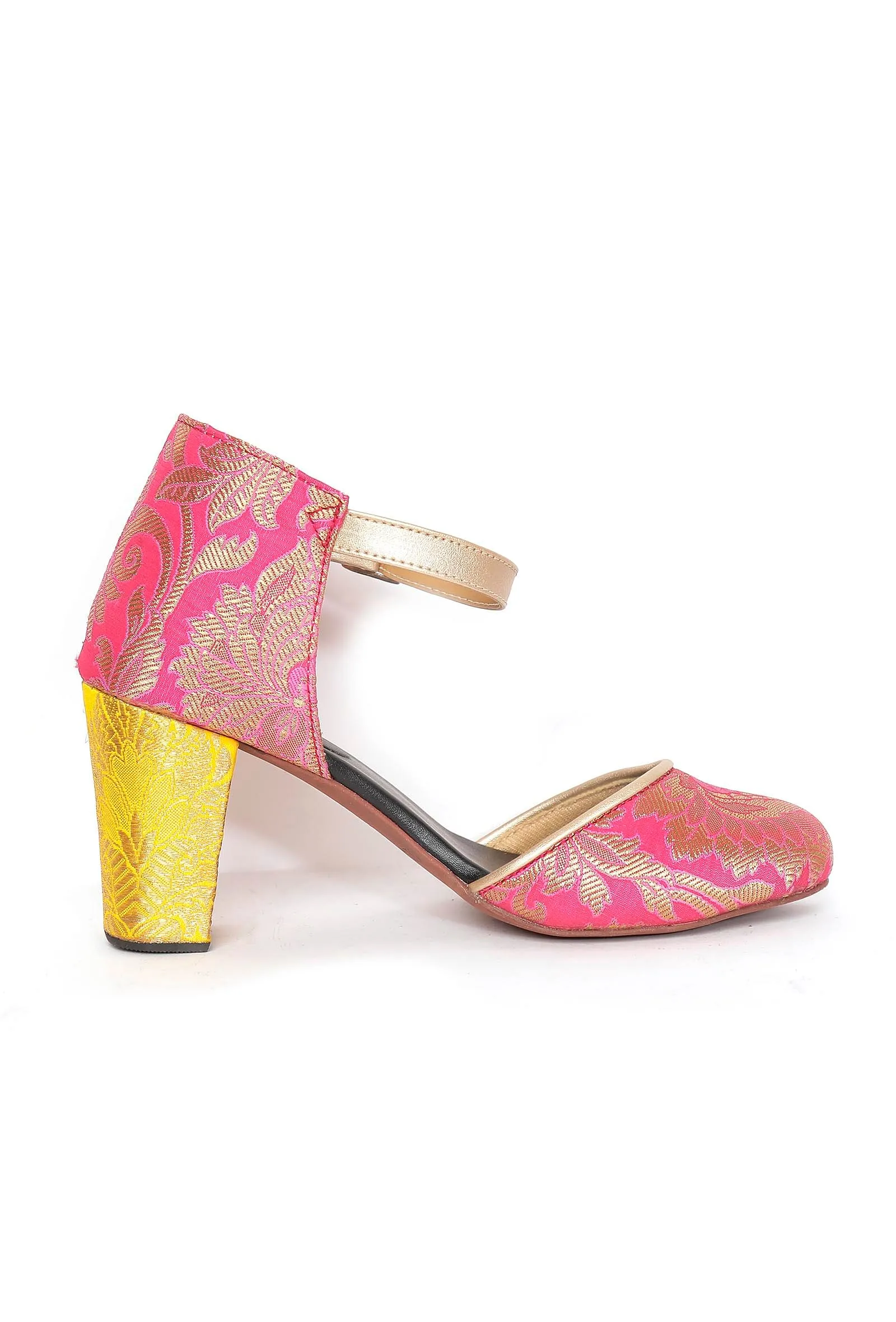 Yellow and Pink Brocade Block Heels